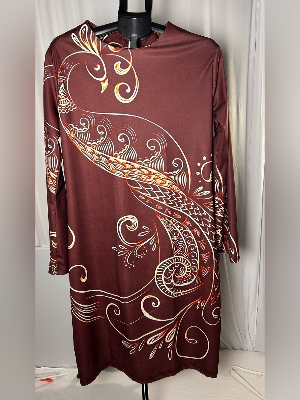 Women's Long Sleeve Burgundy Dress Tee with Cream & Tan Swirl Print